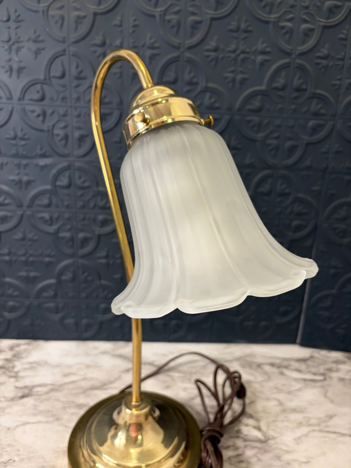 Brass Gooseneck Lamp with Satin Glass Shade