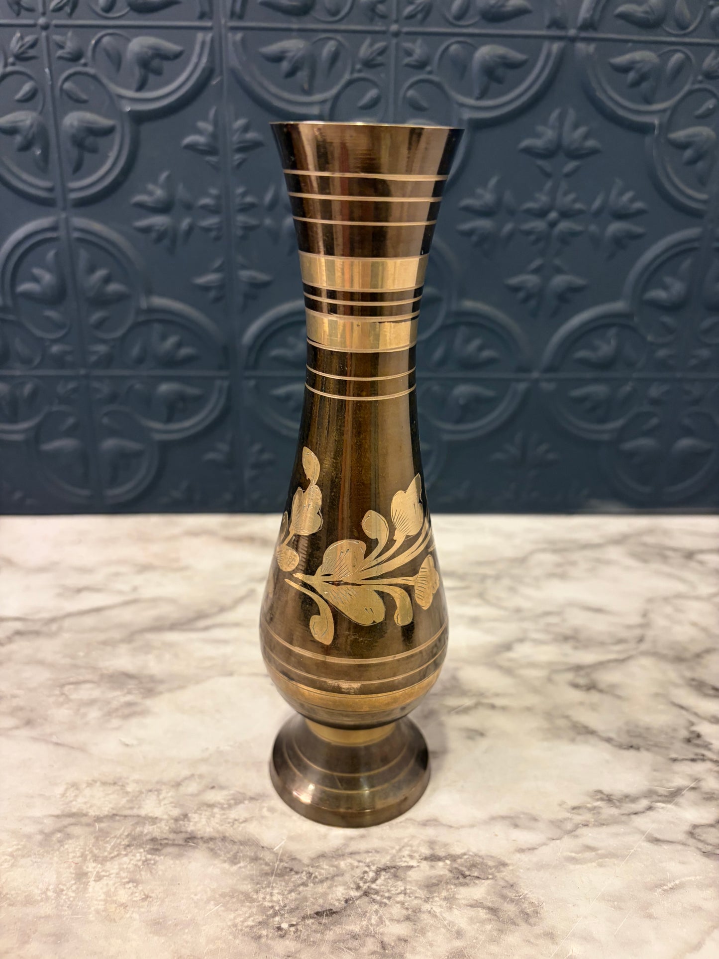 Black and Gold Etched Brass Vase 7.5"