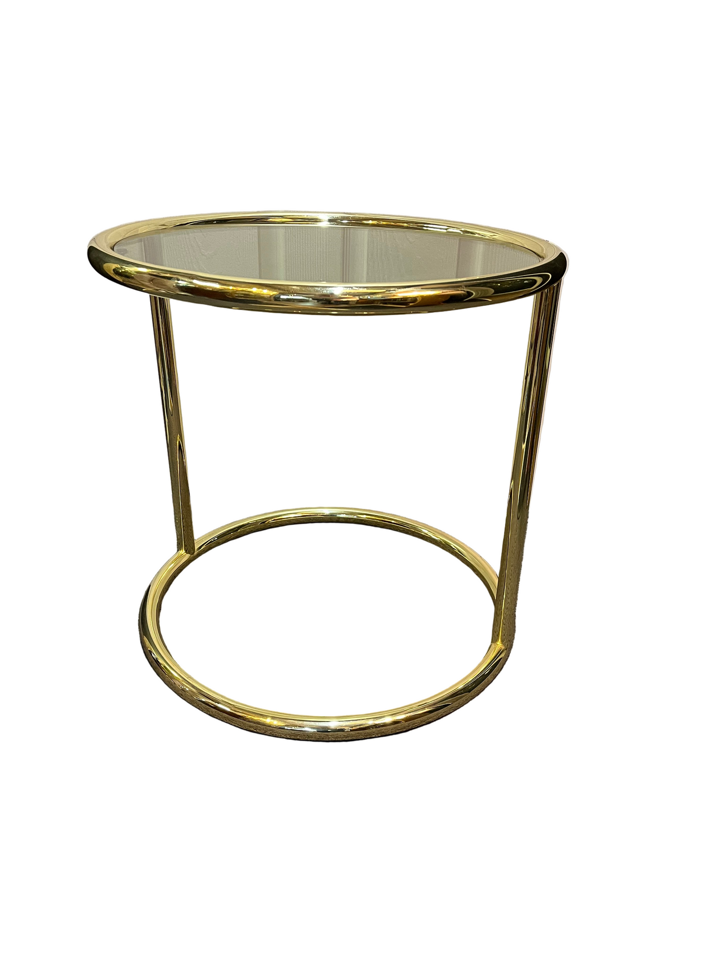 Round Brass side table with smoke glass