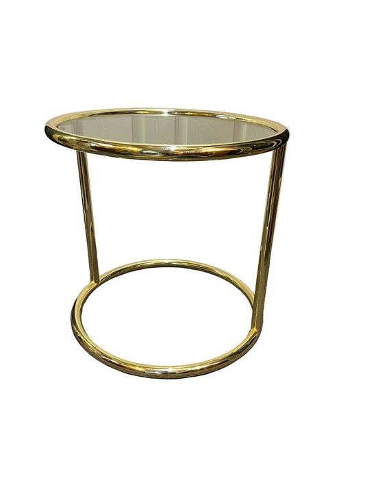 Round Brass side table with smoke glass