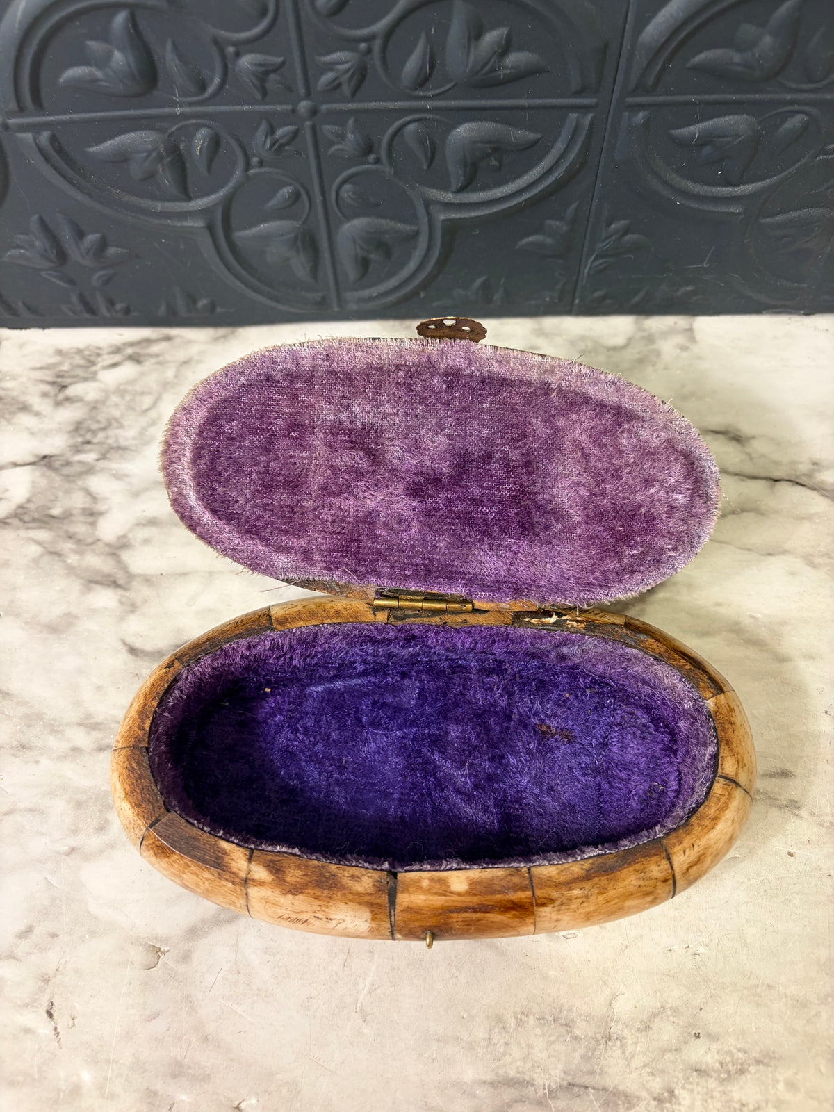 Oval Bone Trinket Box with Brass Inlay