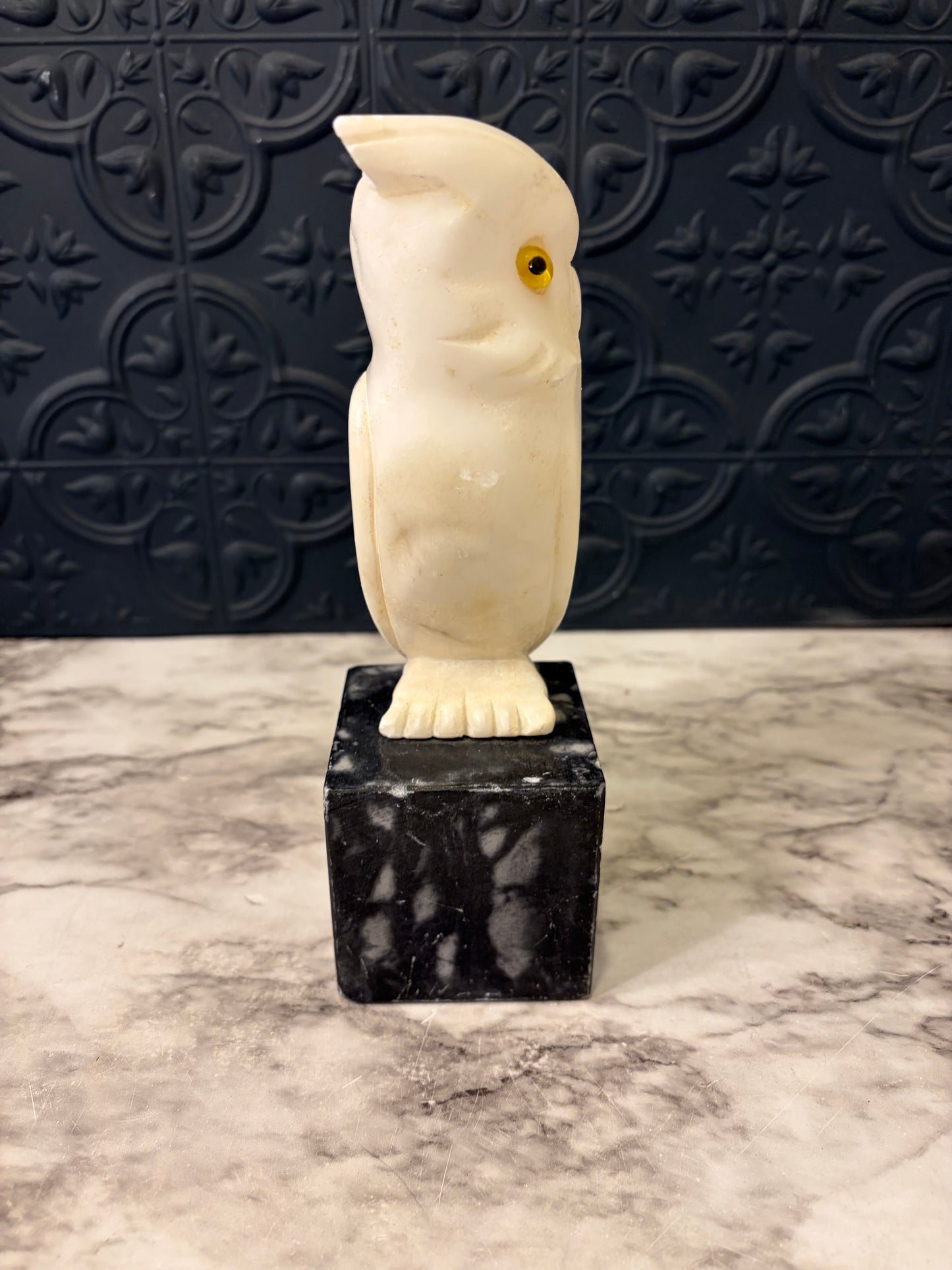 Carved Stone Owl On Marble Base AS IS
