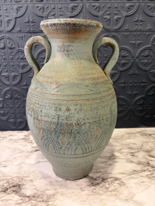 Blue Tone Terracotta Double Handle Jug with Etching