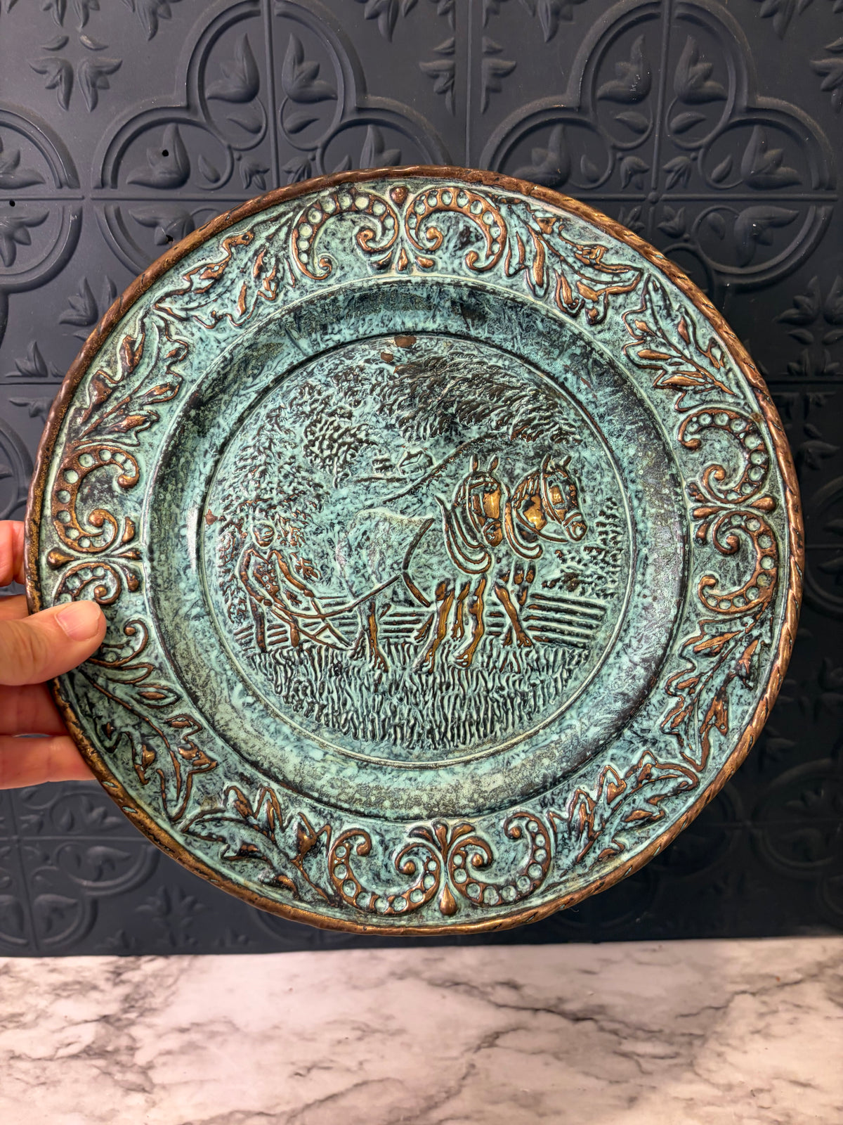 10" Brass Patina Relief Plate