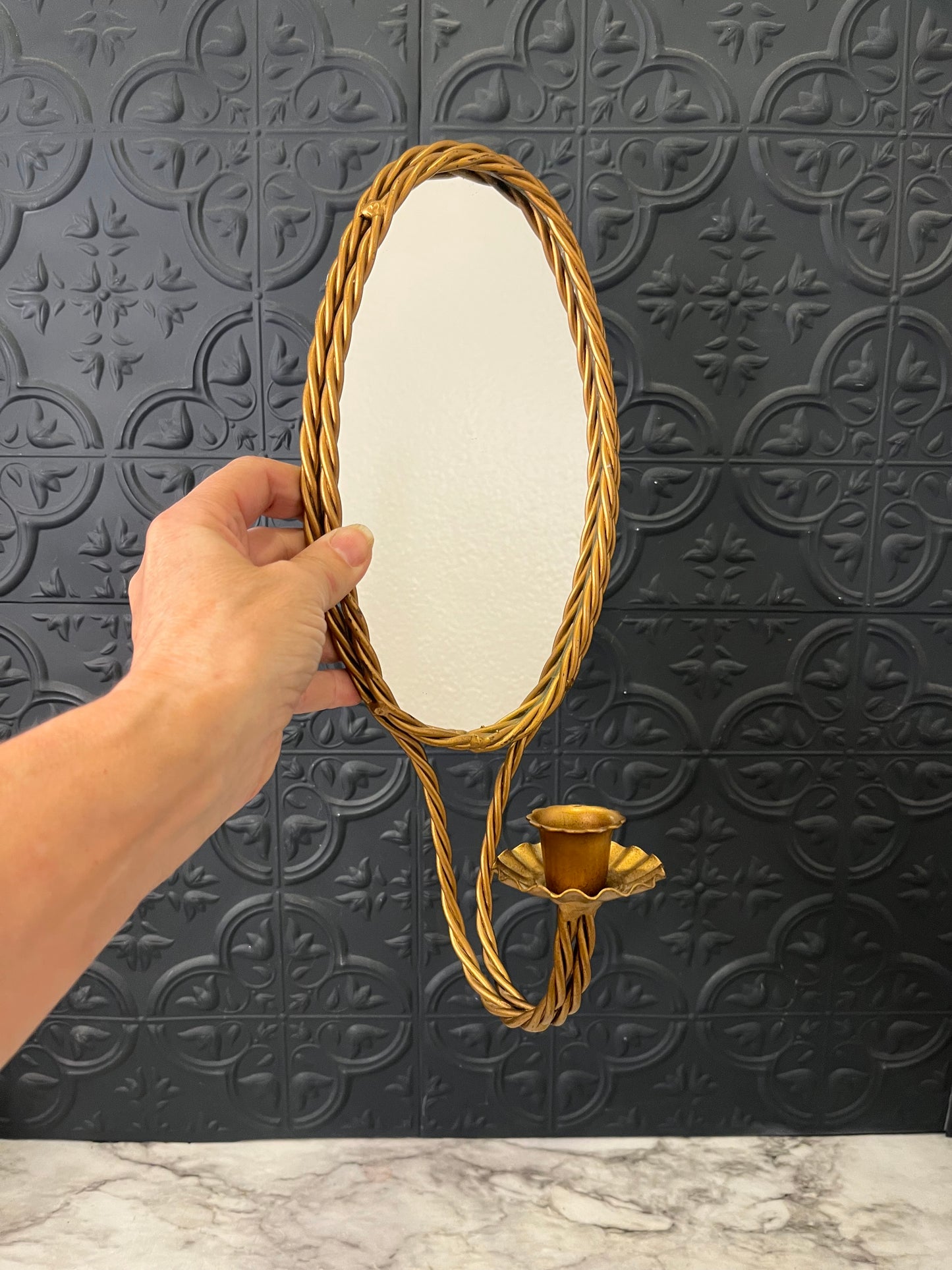 Twisted Gold Candle Sconce with Oval Mirror
