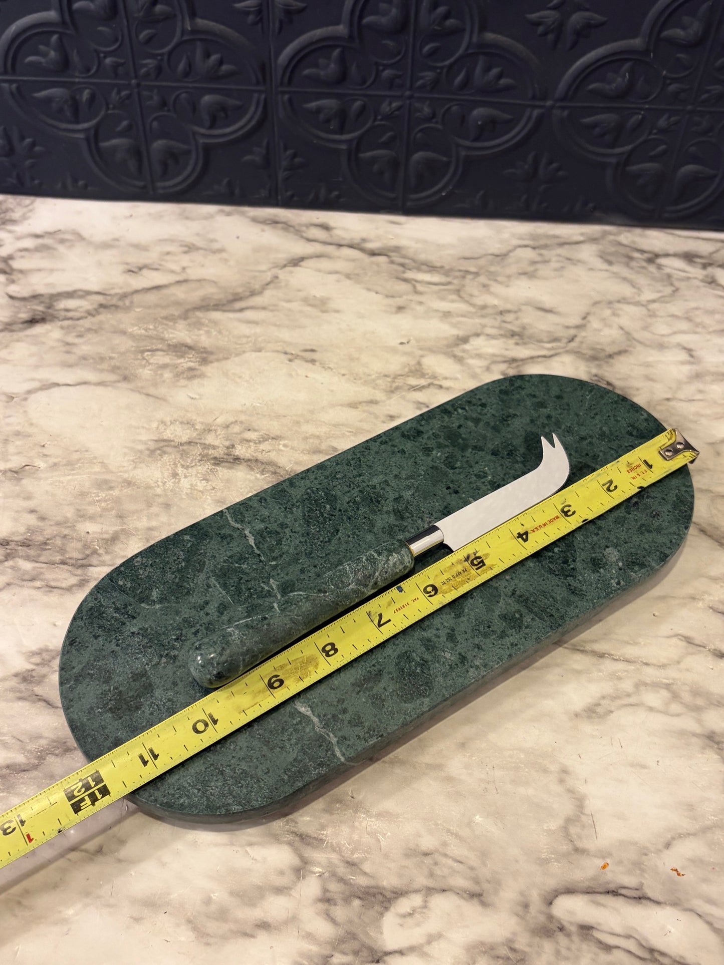 Oval Green Marble Cutting Tray with Knife