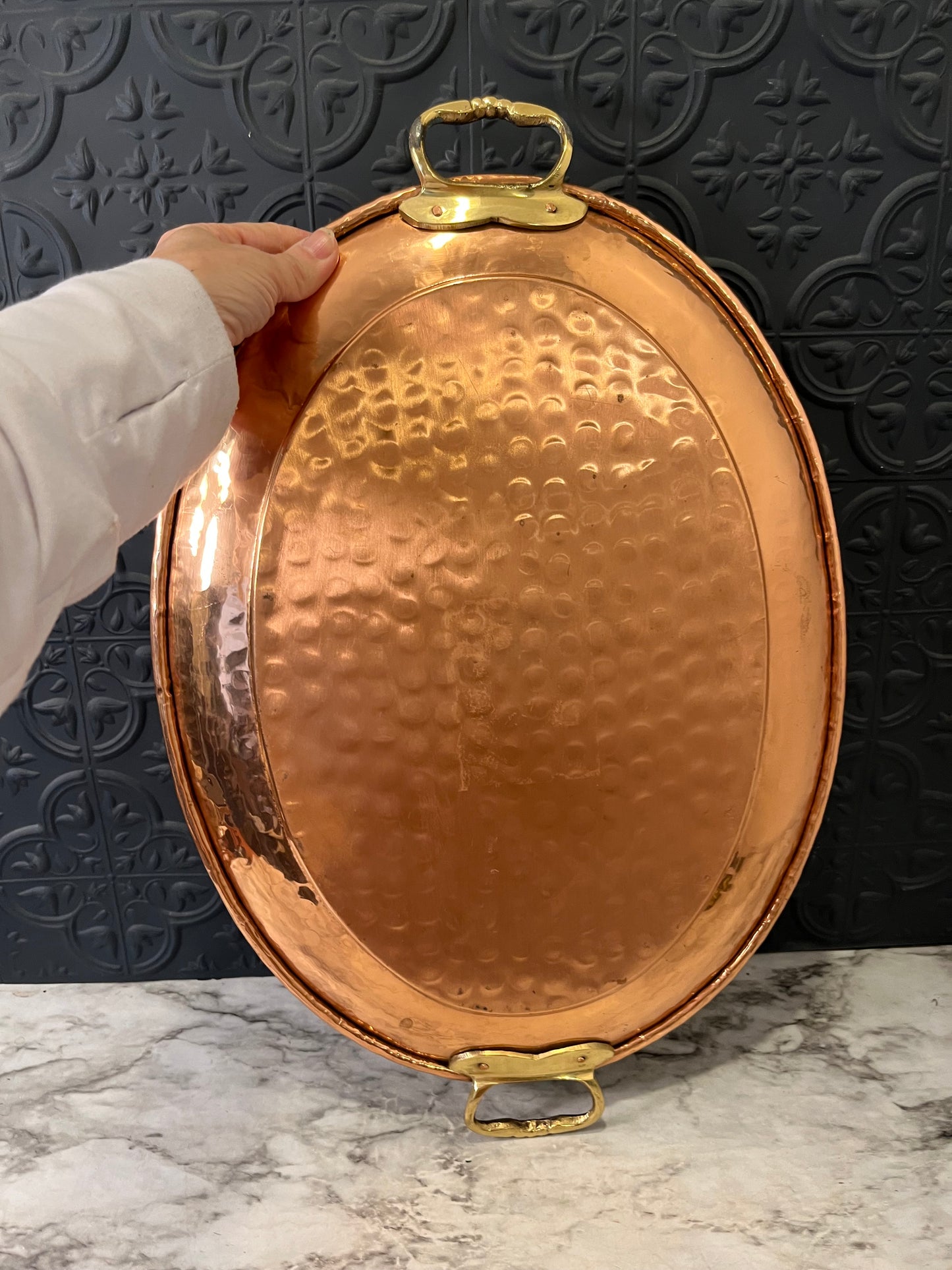 Oval Hammered Copper Tray with Brass handles 17"