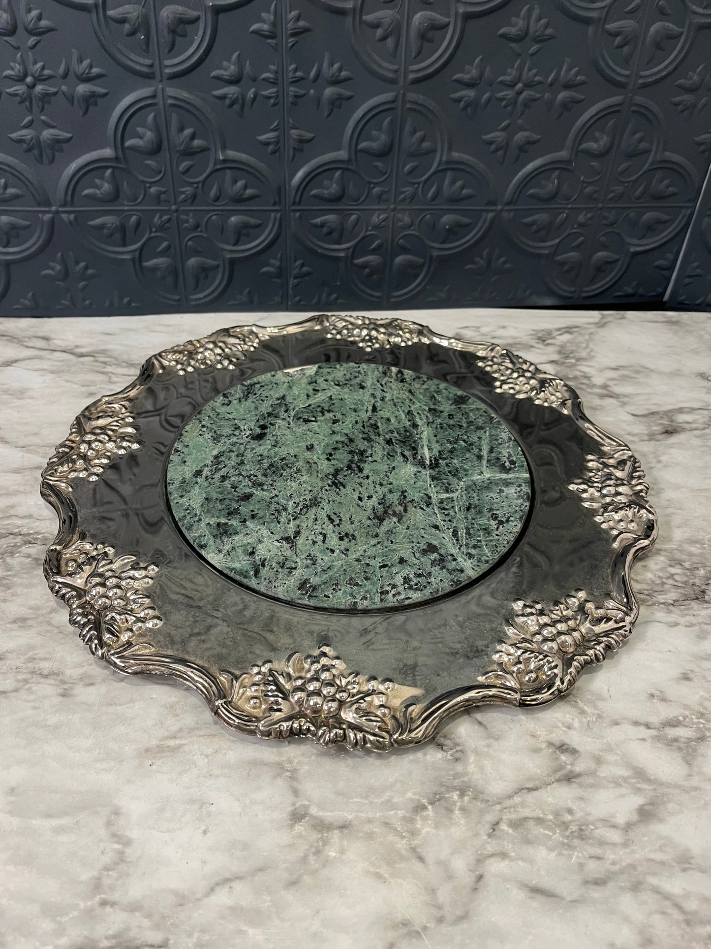 Silver Plated Tray with Chipped Marble Center