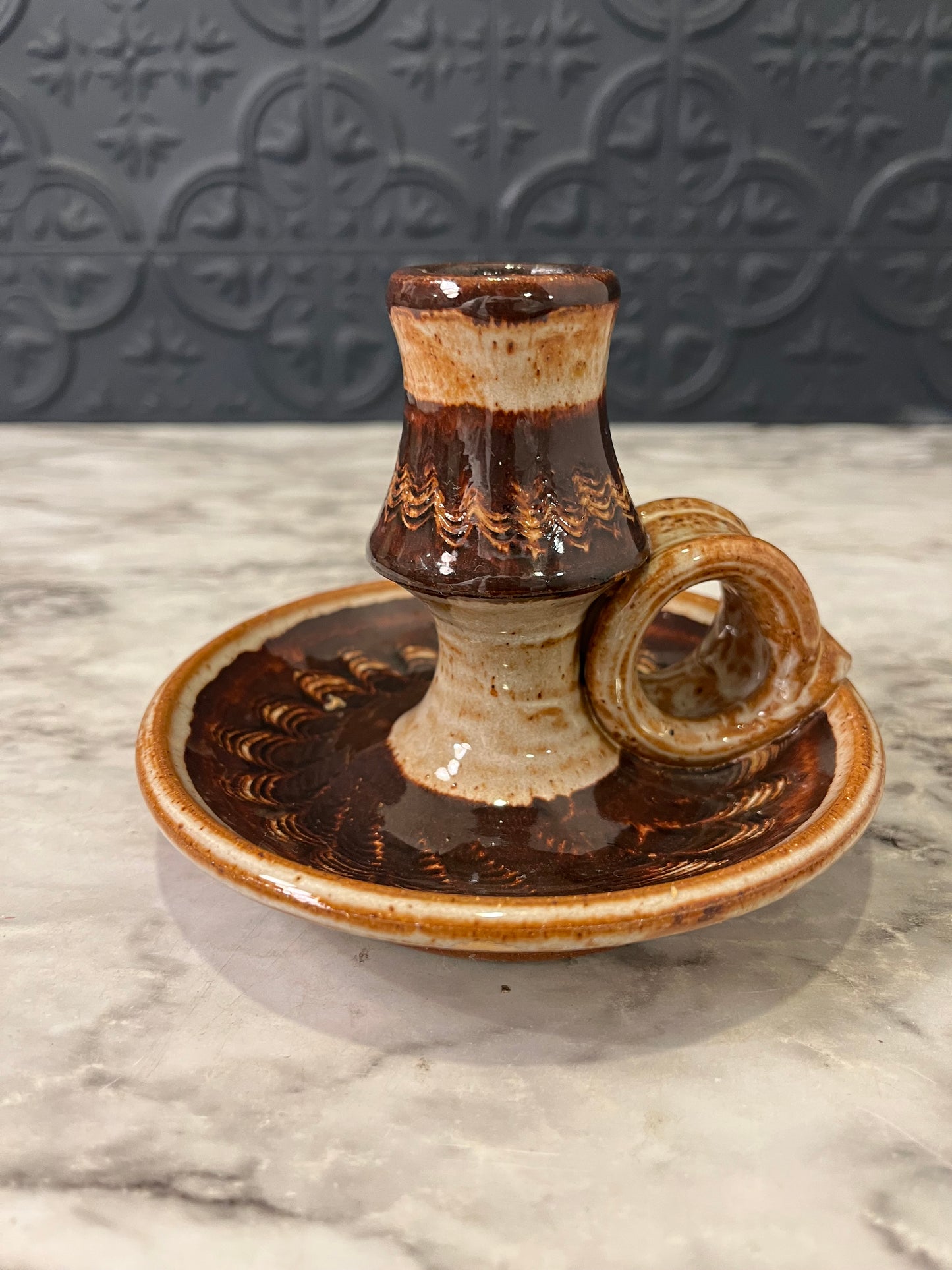 Brown Pottery Chamberstick candle holder
