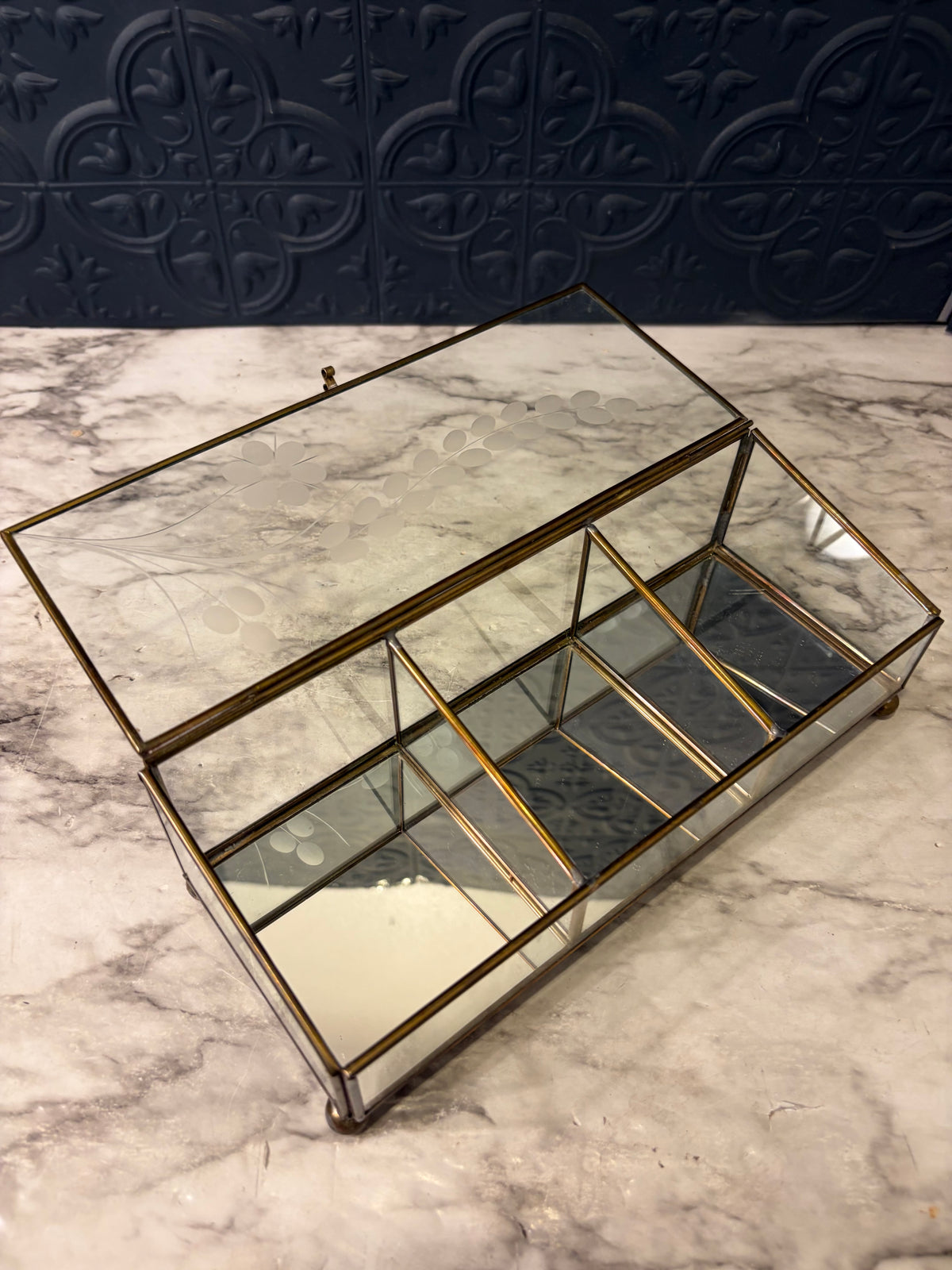 3 Section Etched Glass Jewelry Box