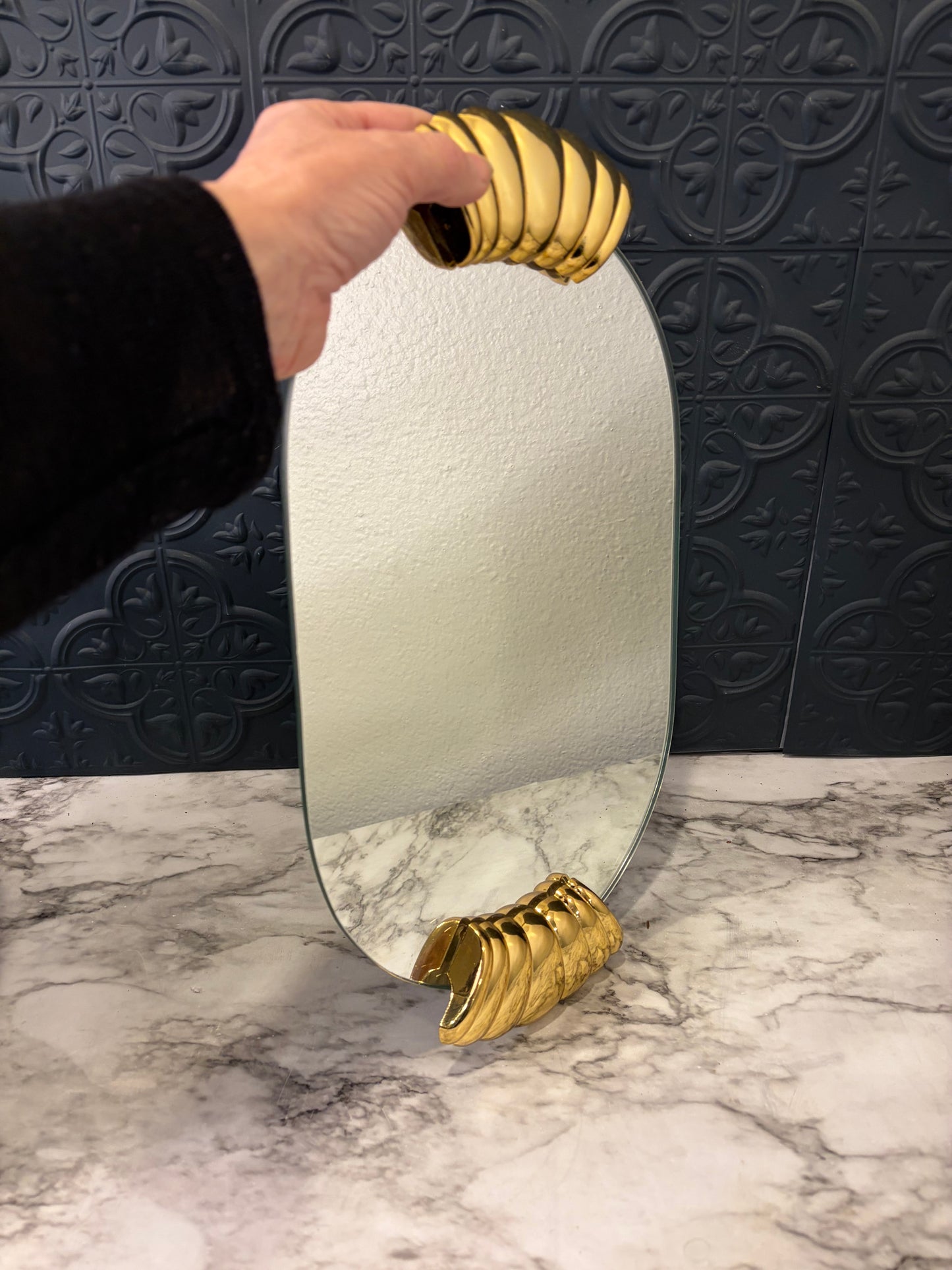 Art Deco Oval Mirror Tray with Shell Handles