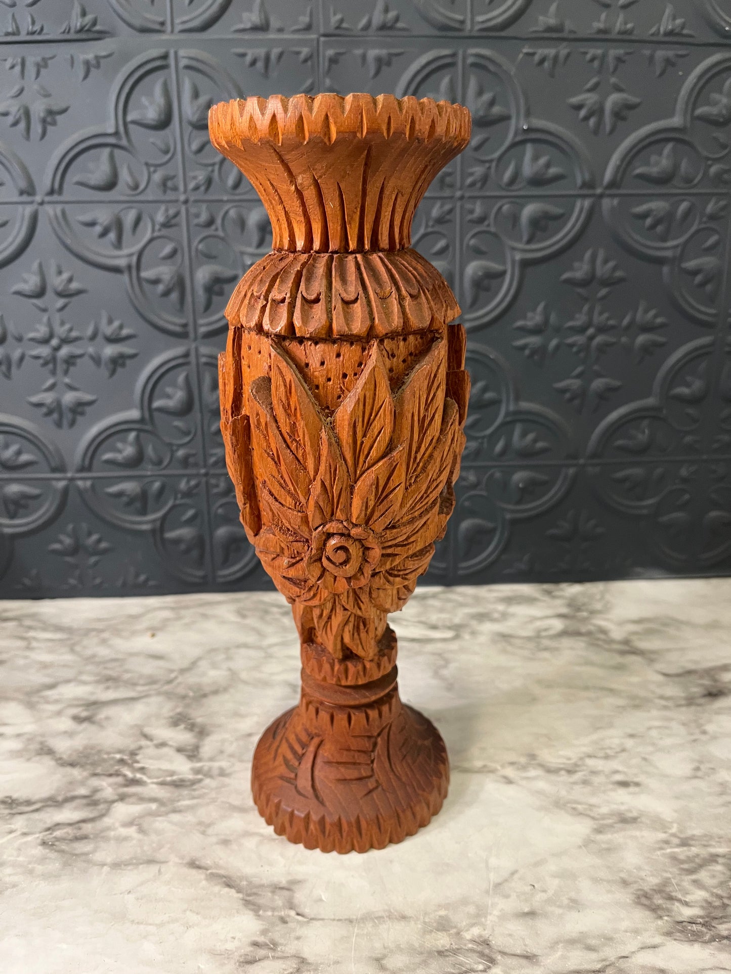 Hand Carved Wood Vase with Flowers