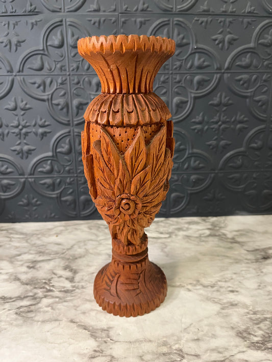 Hand Carved Wood Vase with Flowers
