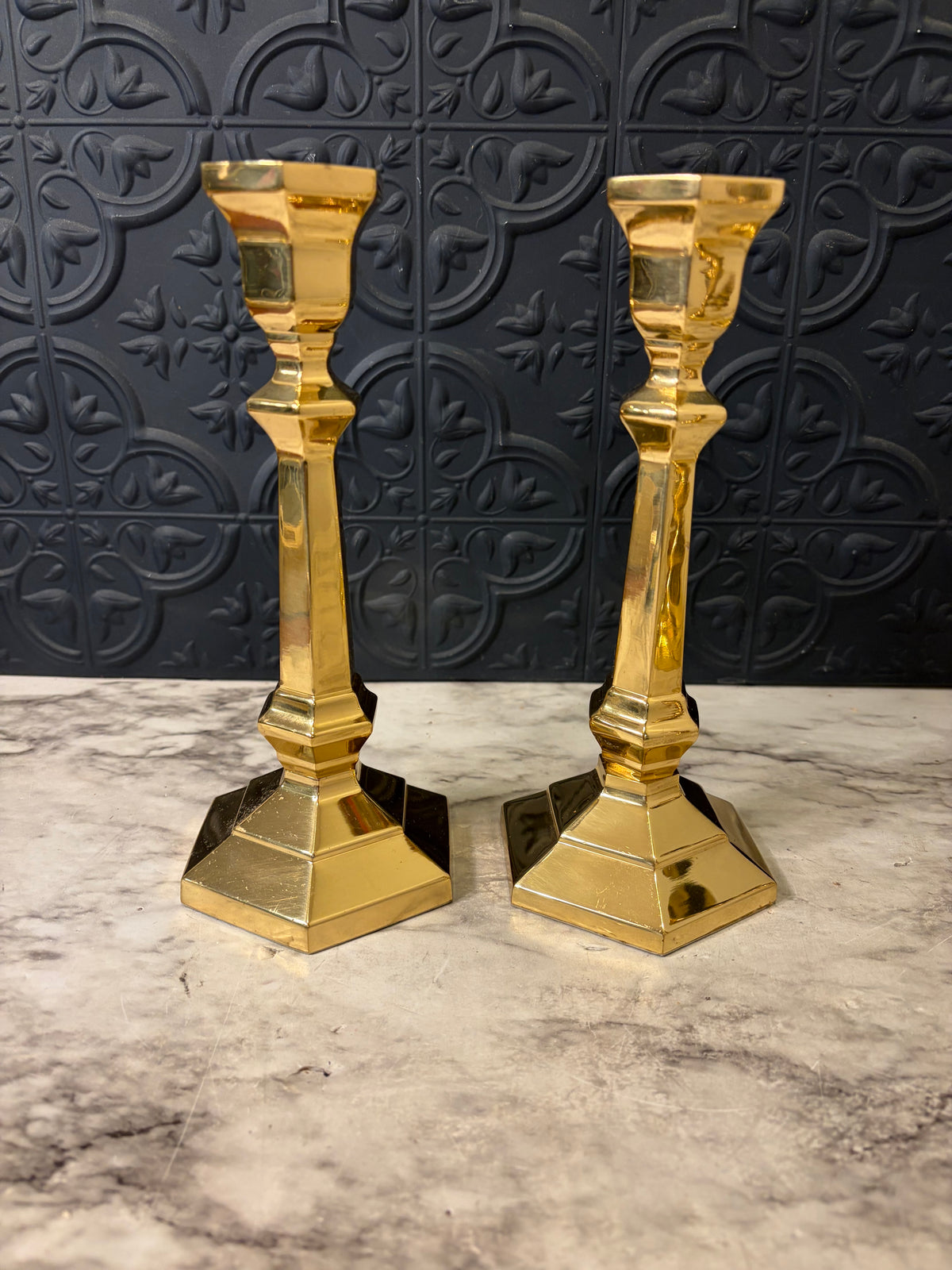 Hexagonal Base Candlestick Pair 8"