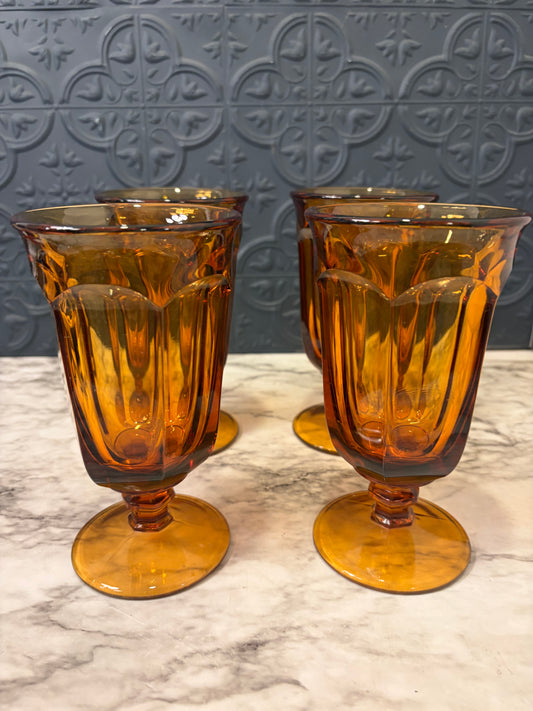 Amber Glass Goblets Old Williamsburg Pattern x4