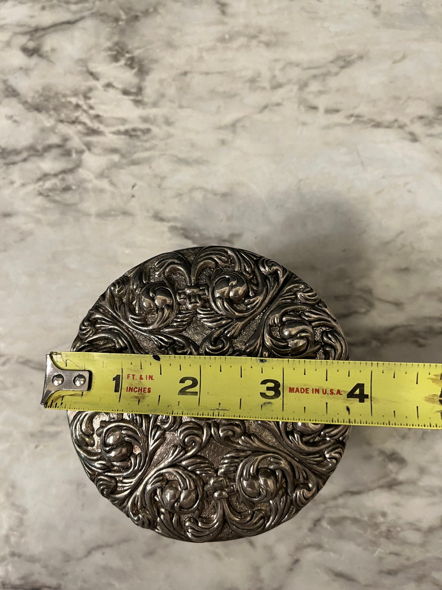 Ornate Round Trinket box with Blue Velvet interior