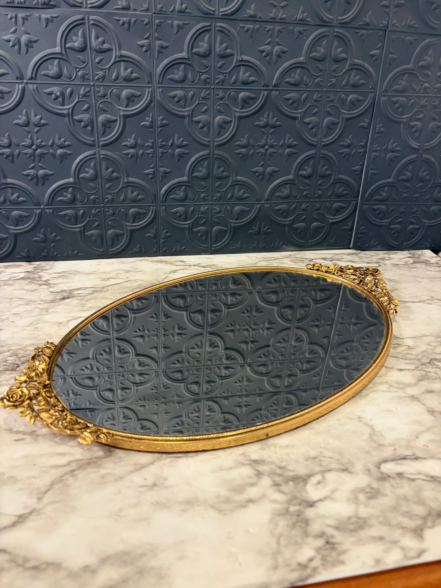 Oval Mirror Tray with Rose on Handle
