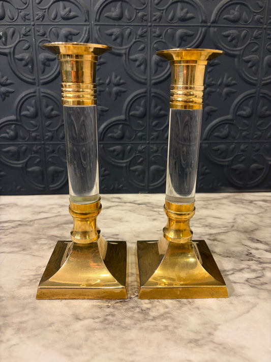 Brass and Lucite Pair of Candle Holders