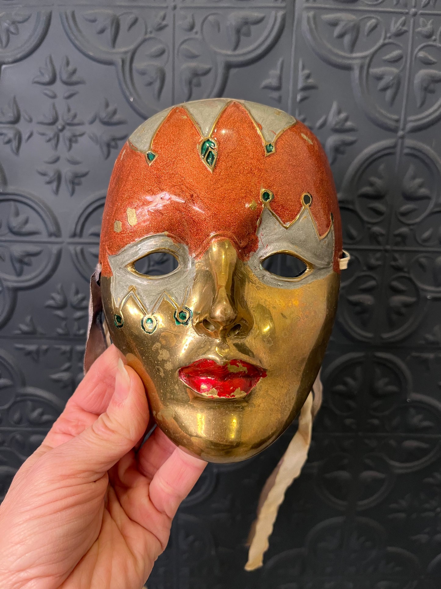 Brass and Enamel Decorative Mask Orange