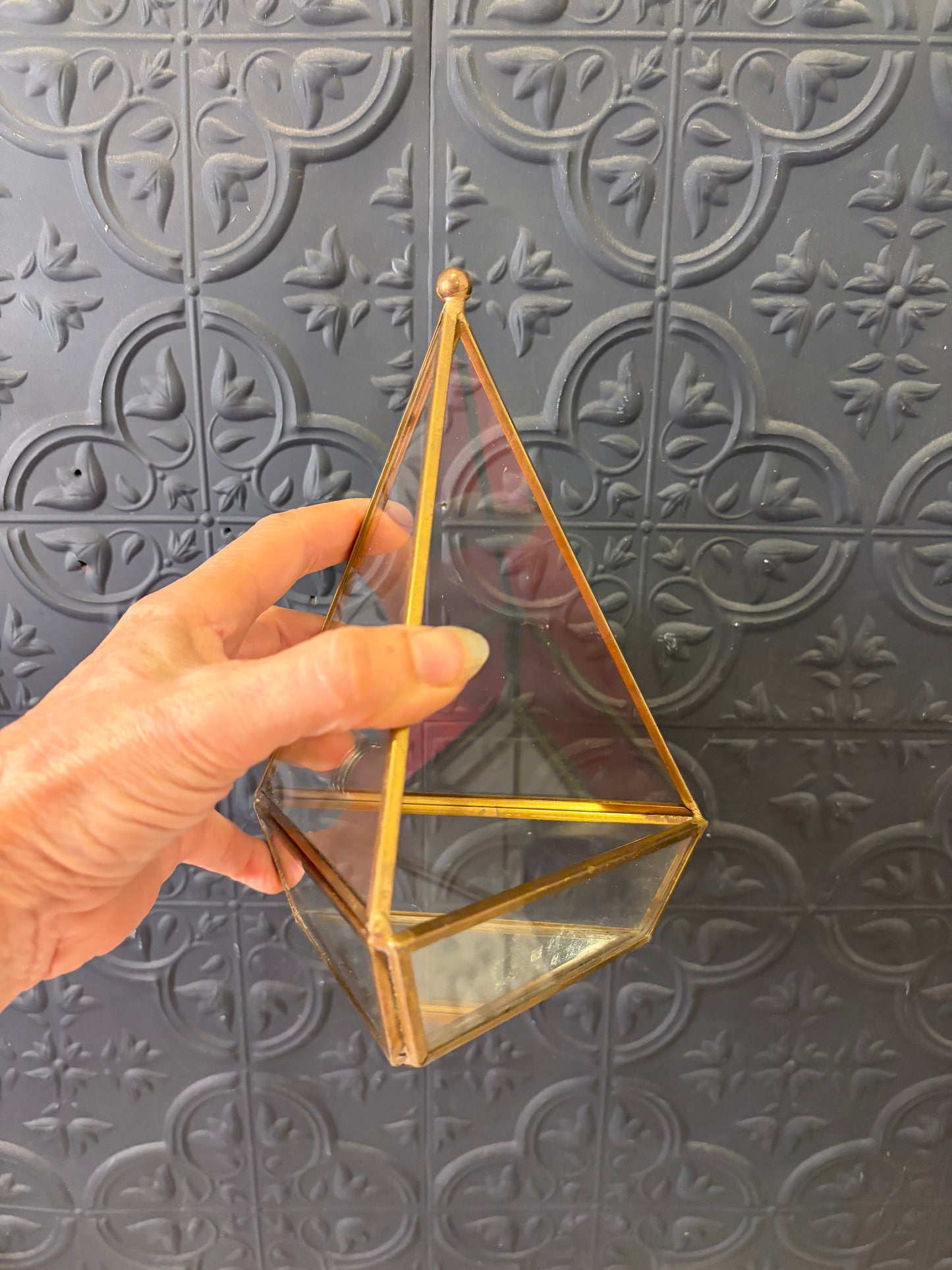 Brass and Glass Geometric Glass Pyramid