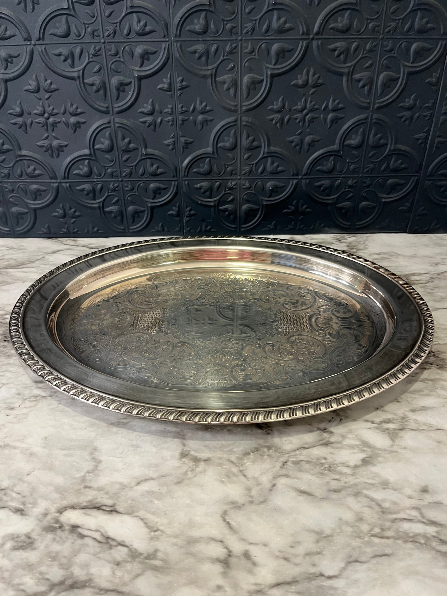 Silver Plate Tray 16" Oval Etched