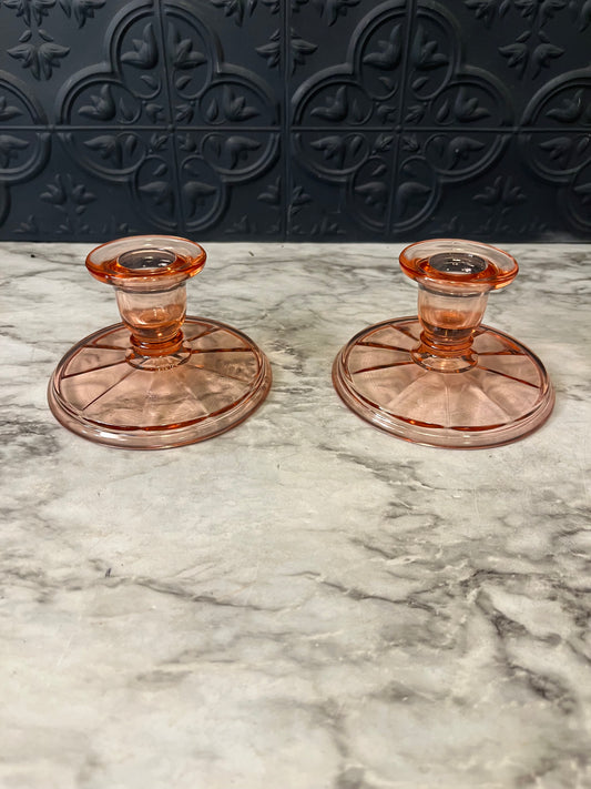 Pink Glass Candle Holders with Round Base Set of2