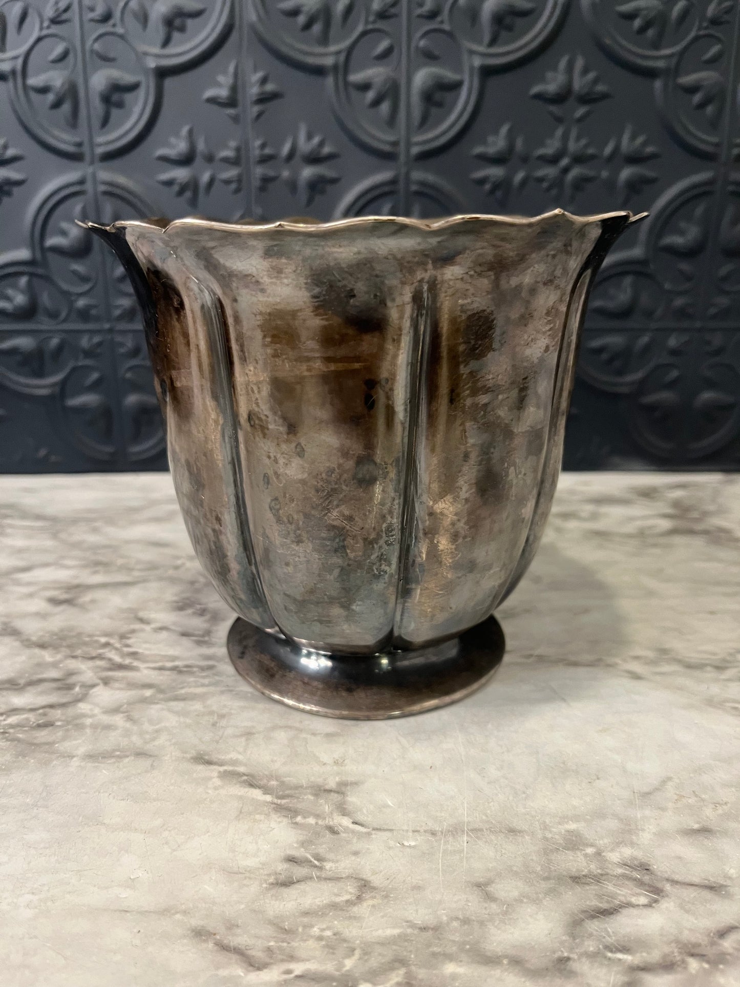 Silver plate vase with scalloped top