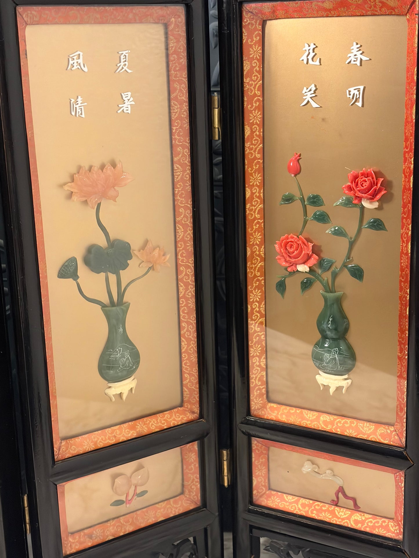 Four Panel Chinese Tabletop Stone Floral Screen
