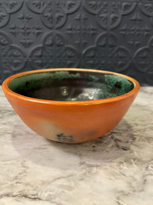 Orange Bowl with Green Inside Pottery