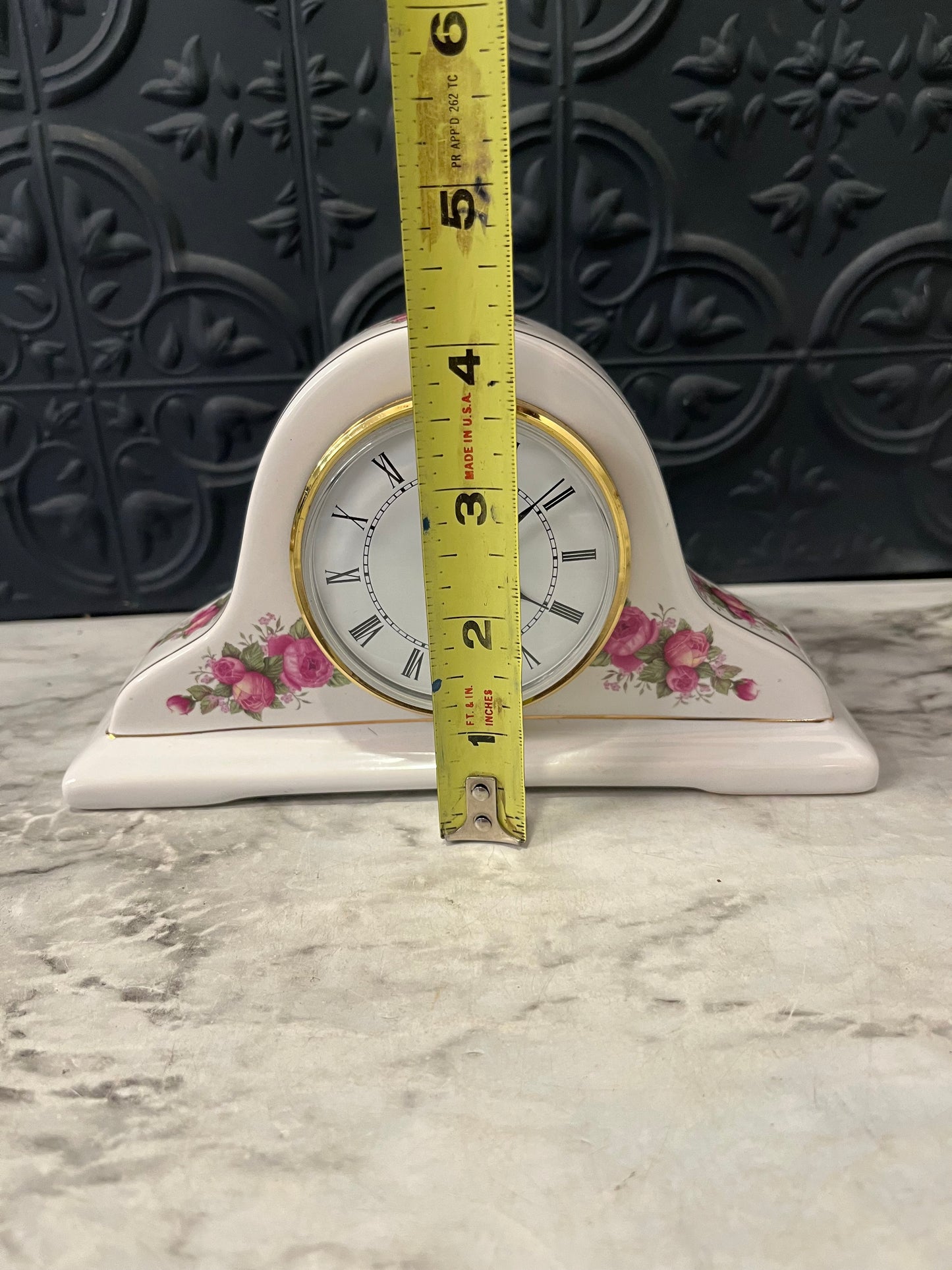 Porcelain Mantle Clock with Pink Flowers untested