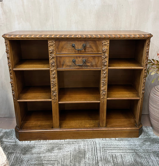 Antique Carved Wood Bookcase with Drawers