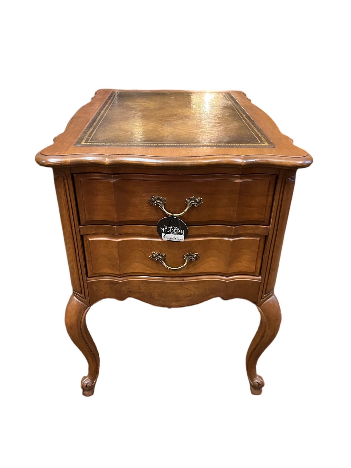 Vintage Wood Side Table with Leather Top