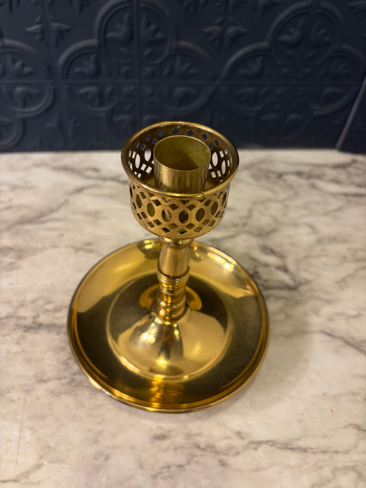 Brass Candle Holder with Decorative Cutout Cup