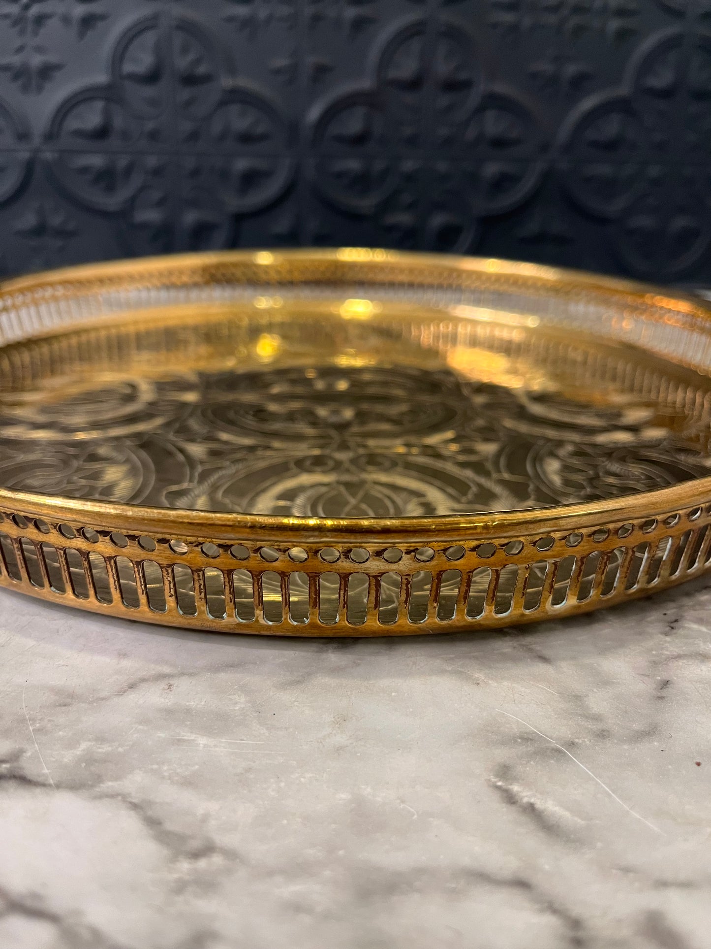 Round Brass Etched Tray with Cutouts 12"