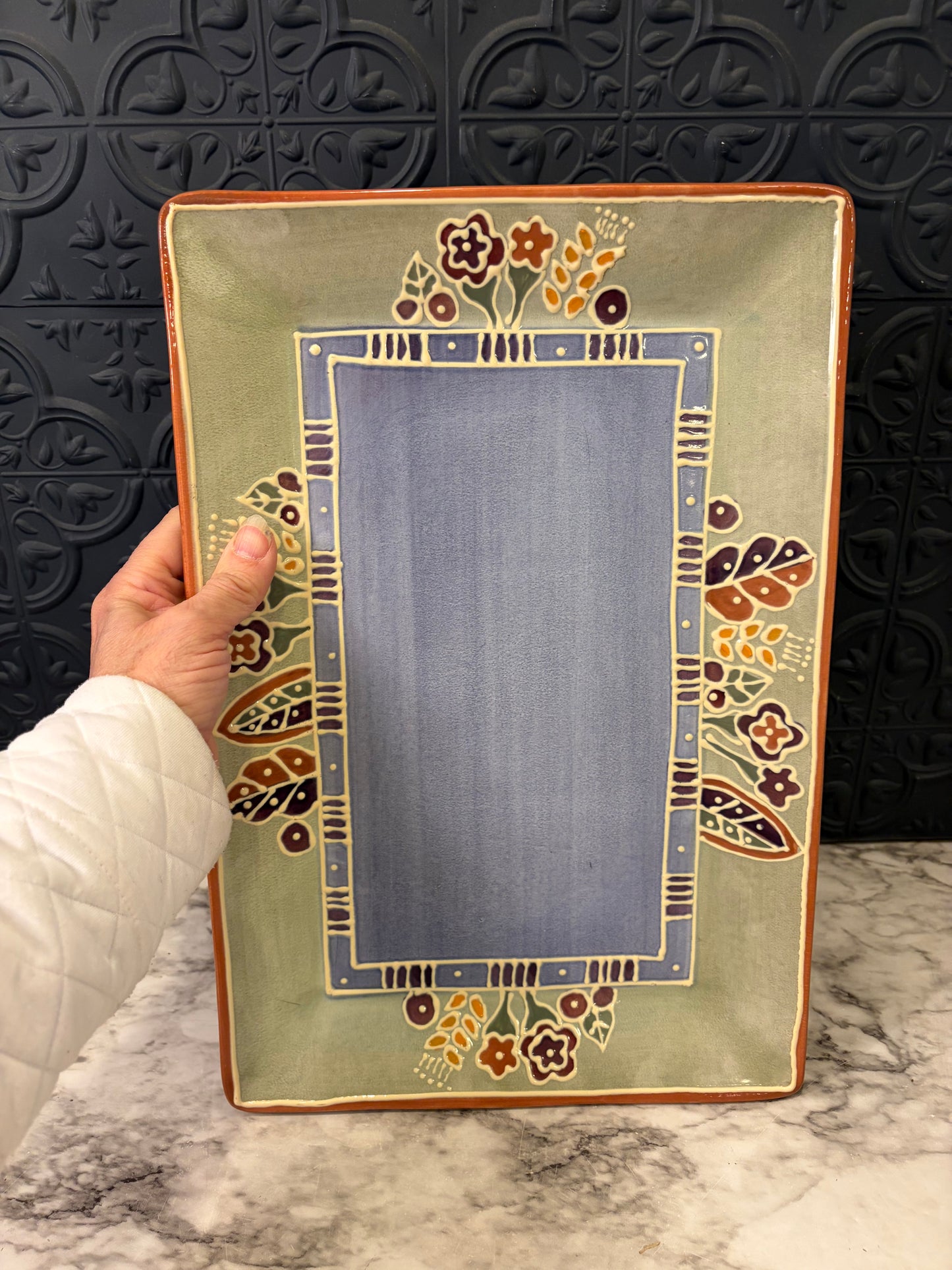 Glazed Pottery Tray 15" Blue and Green
