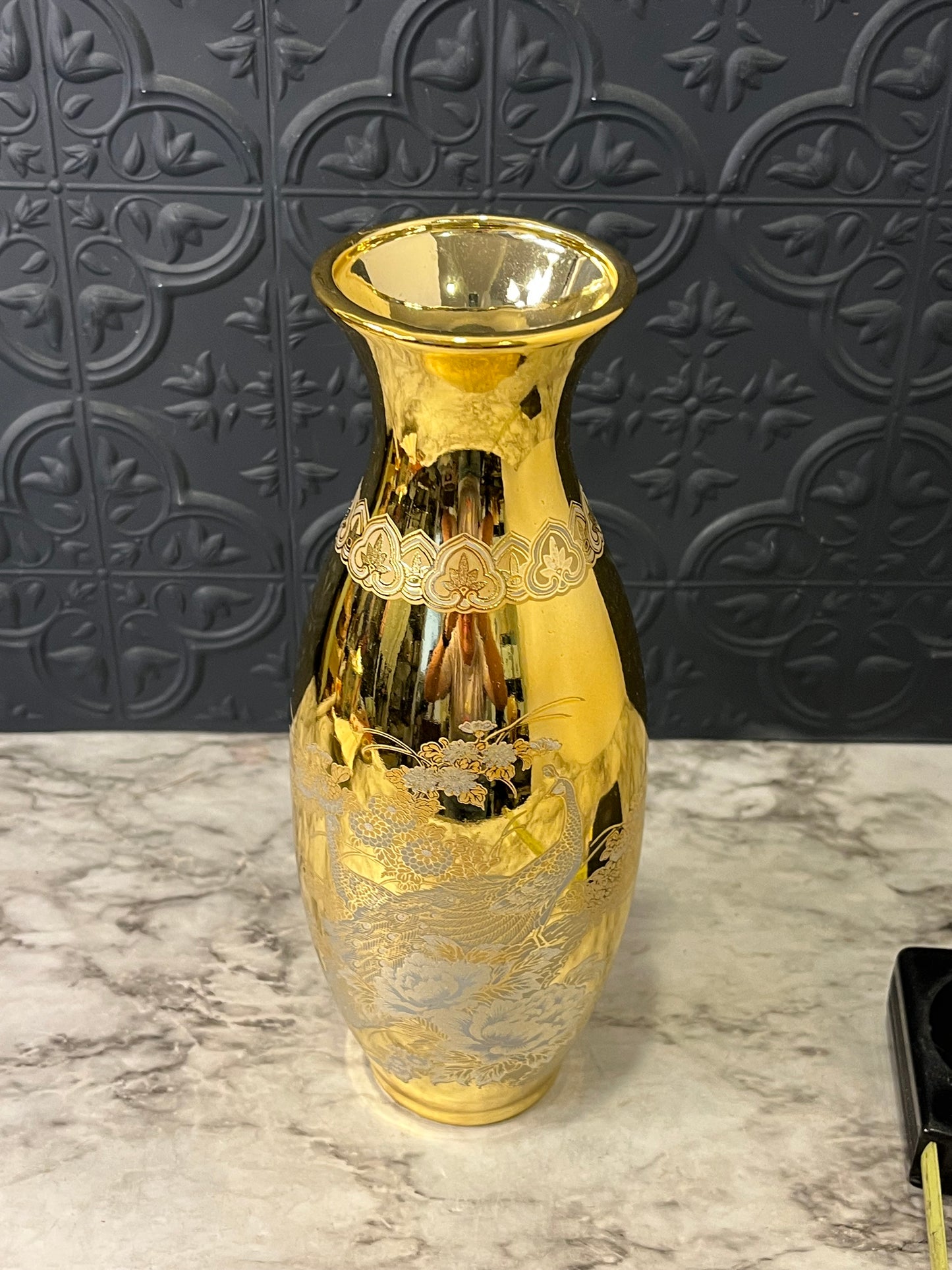 Gilded gold Japanese peacock vase