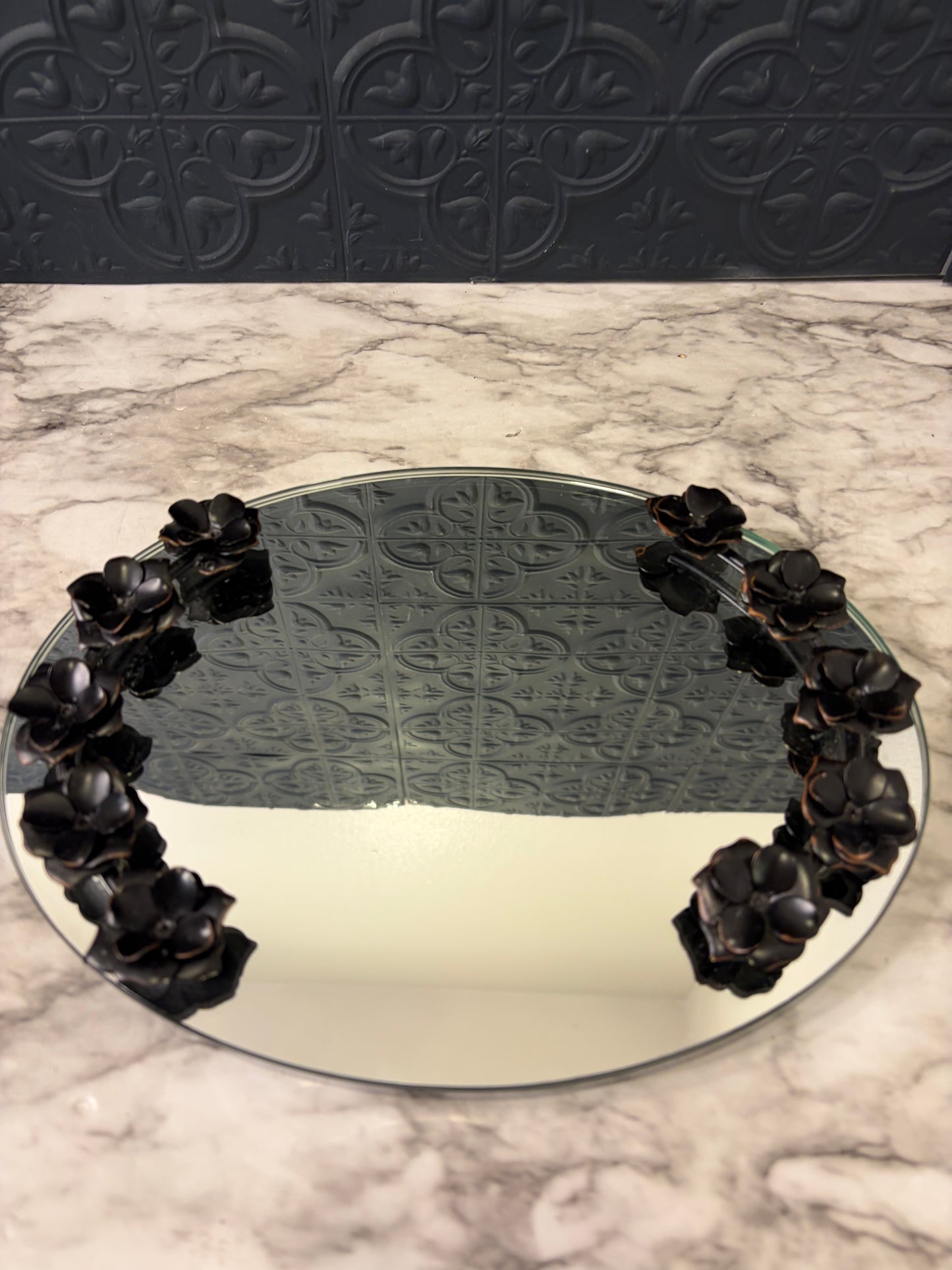 Oval Mirror Tray with Black Roses