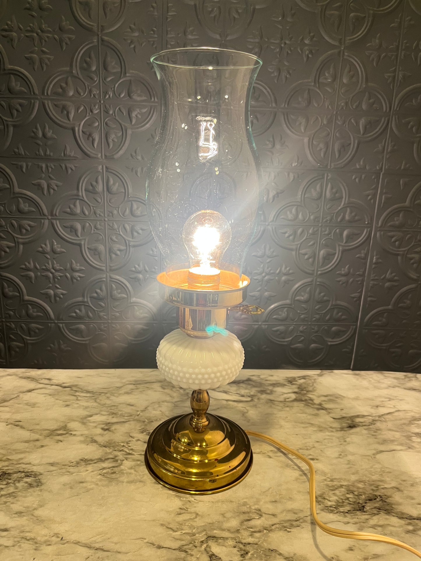 Brass and Milk Glass Lamp with Hurricane