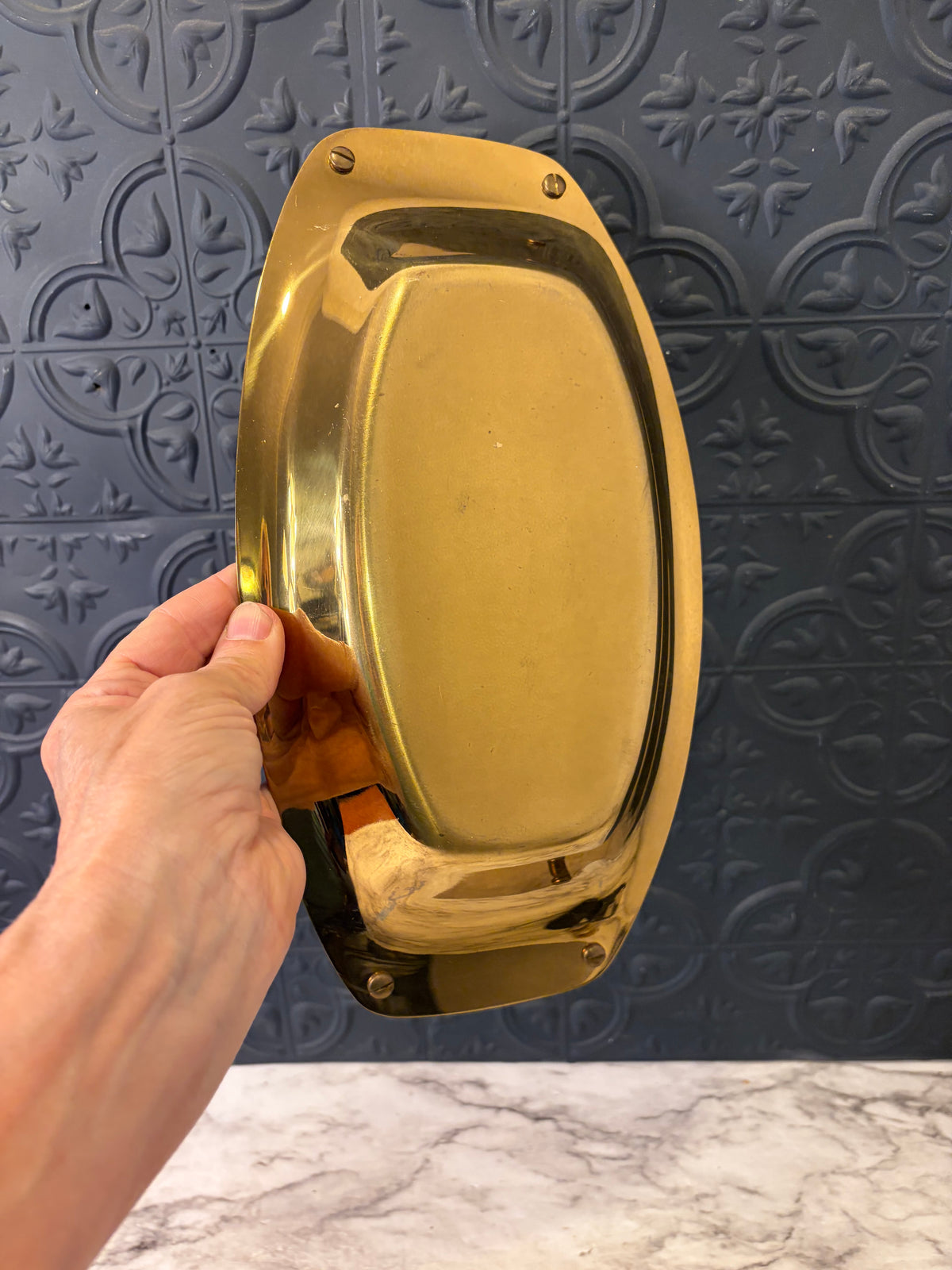 Vintage Gold Tone Serving Tray with Curved Handles