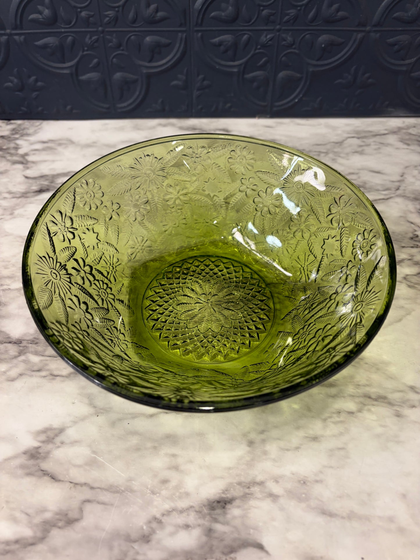 Round Indiana Green Glass Bowl with Floral Pattern