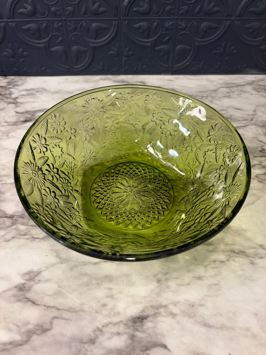 Round Indiana Green Glass Bowl with Floral Pattern