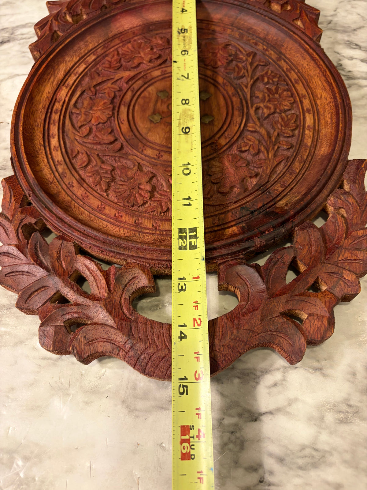 Hand Carved Wood Tray with Leaf Inlay