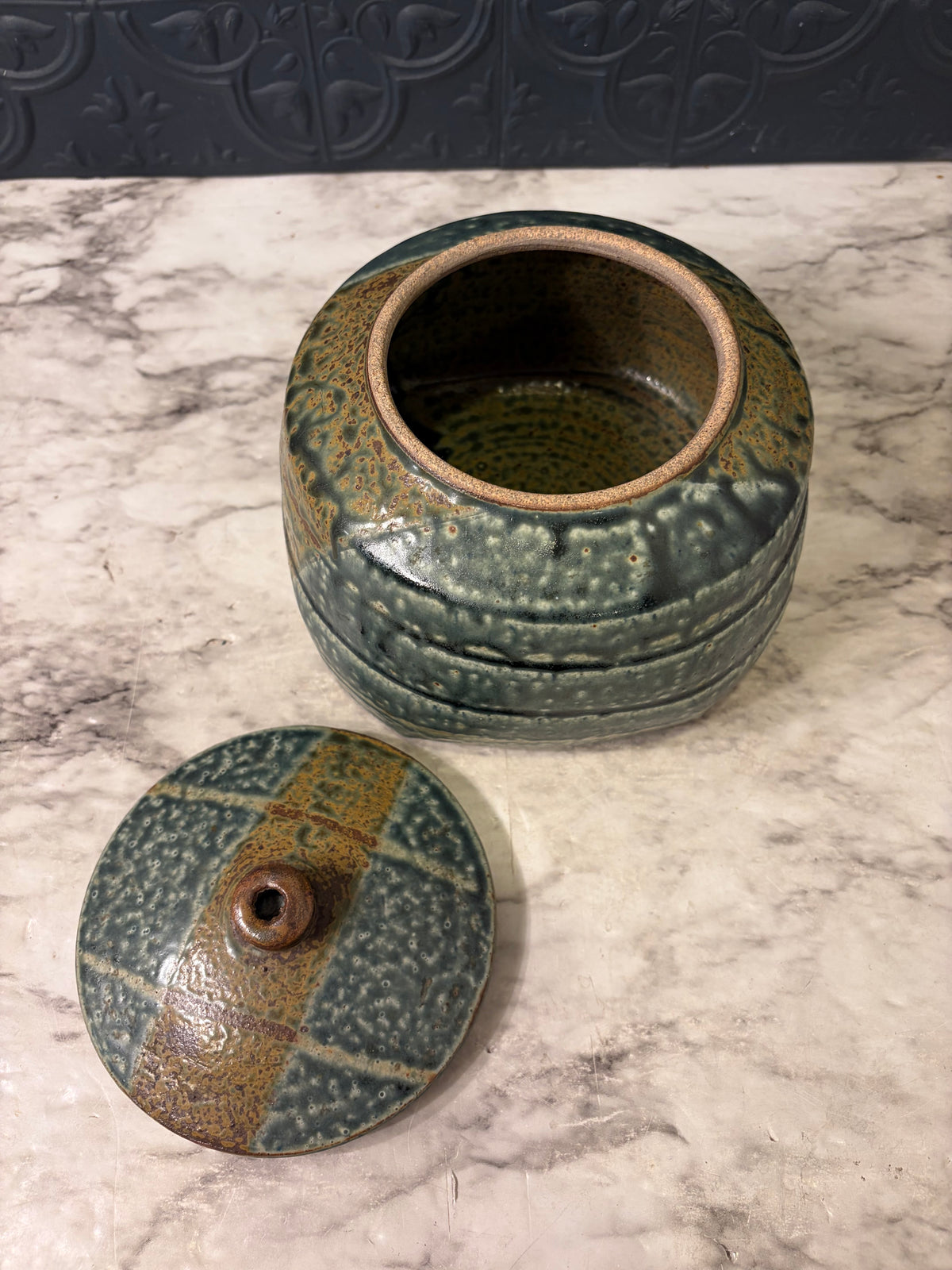 Blue and Brown Glazed Pottery Jar with Lid