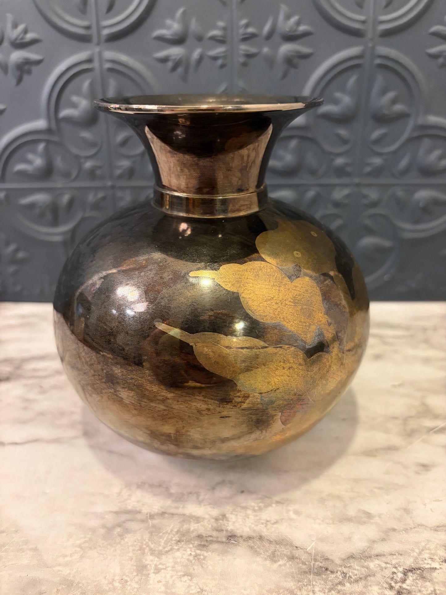 Rounded Two Toned Brass Vase 5"