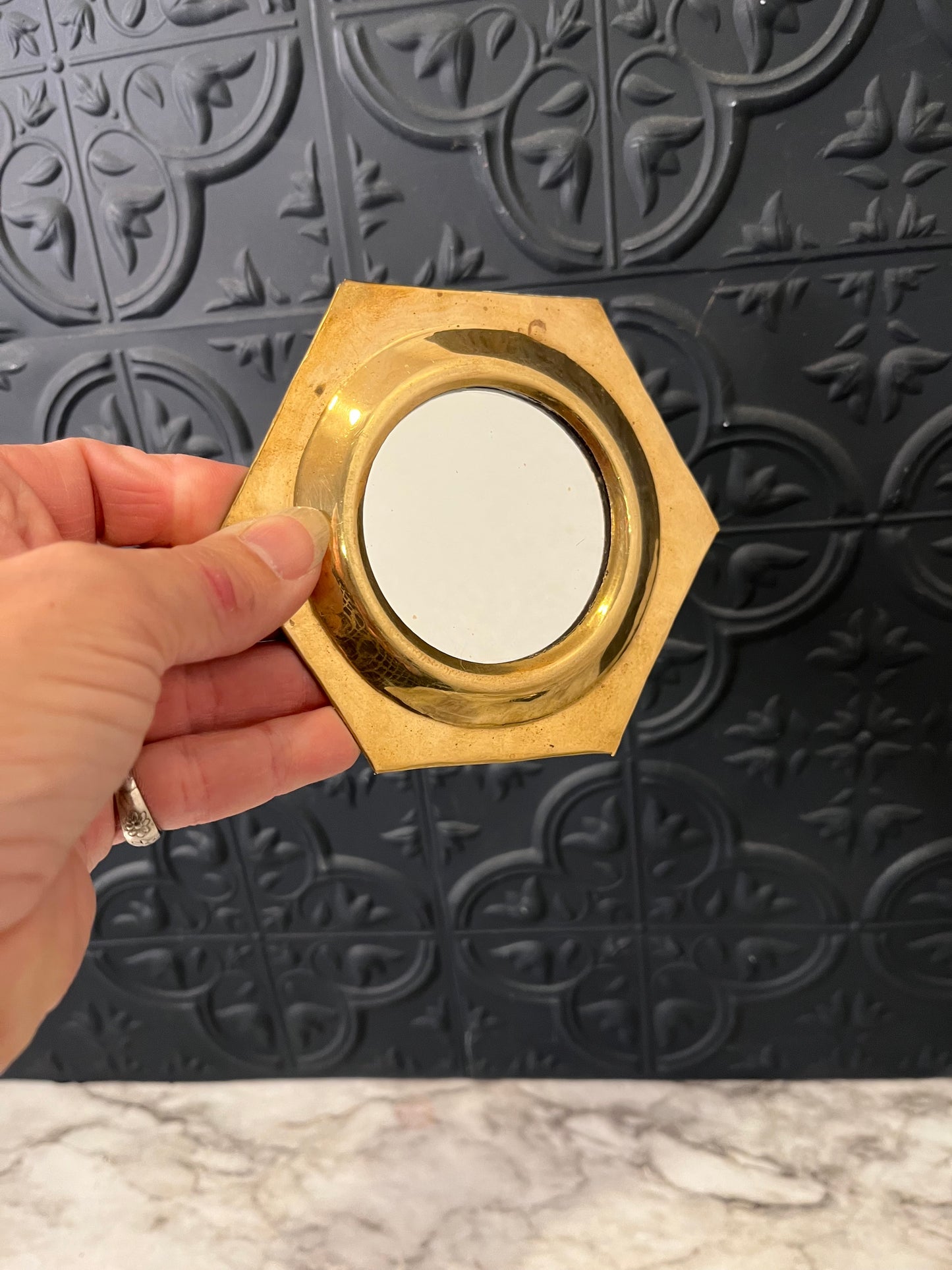 Small Hexagon Brass Mirror