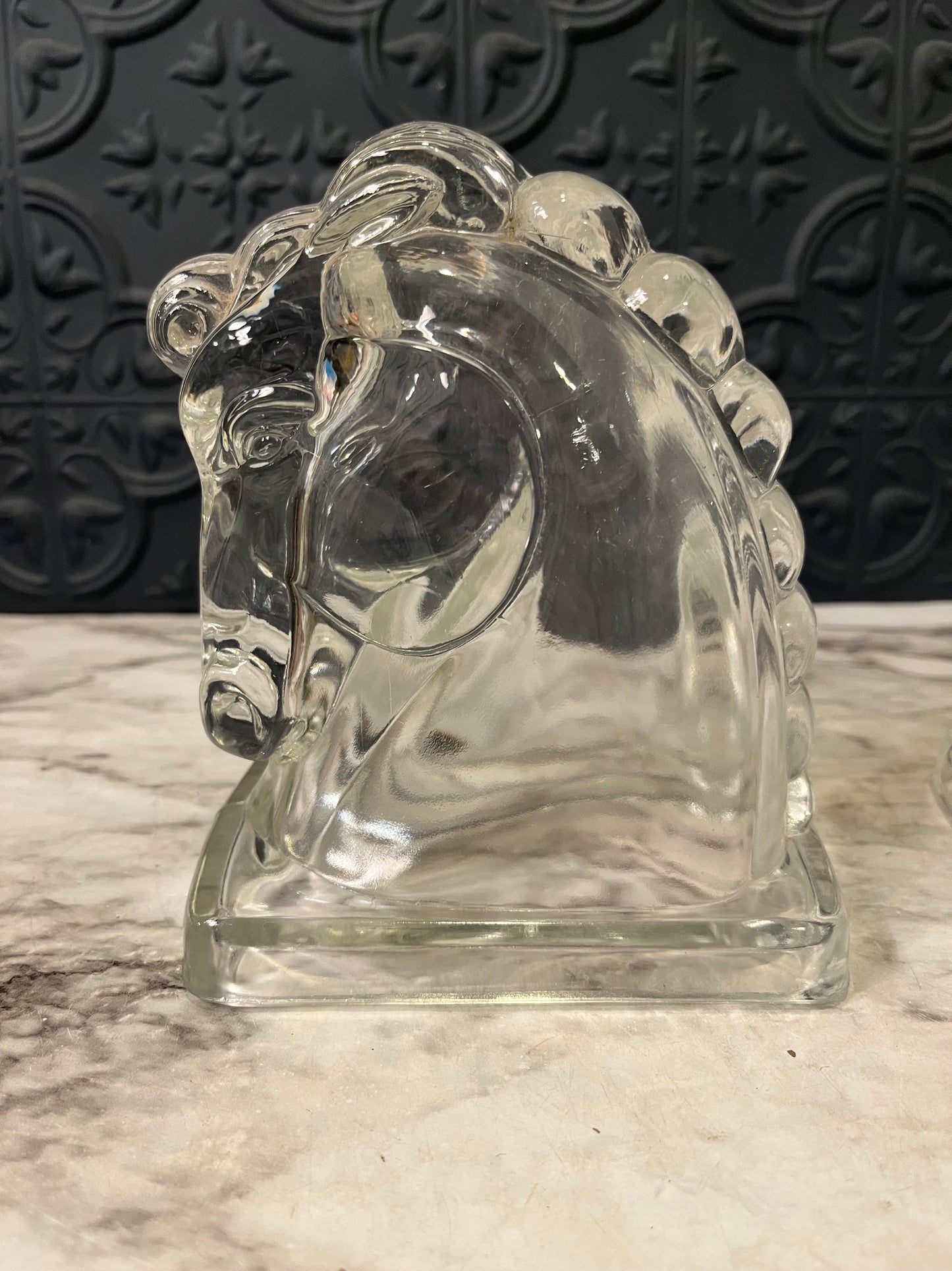 Clear glass horse head bookends x2