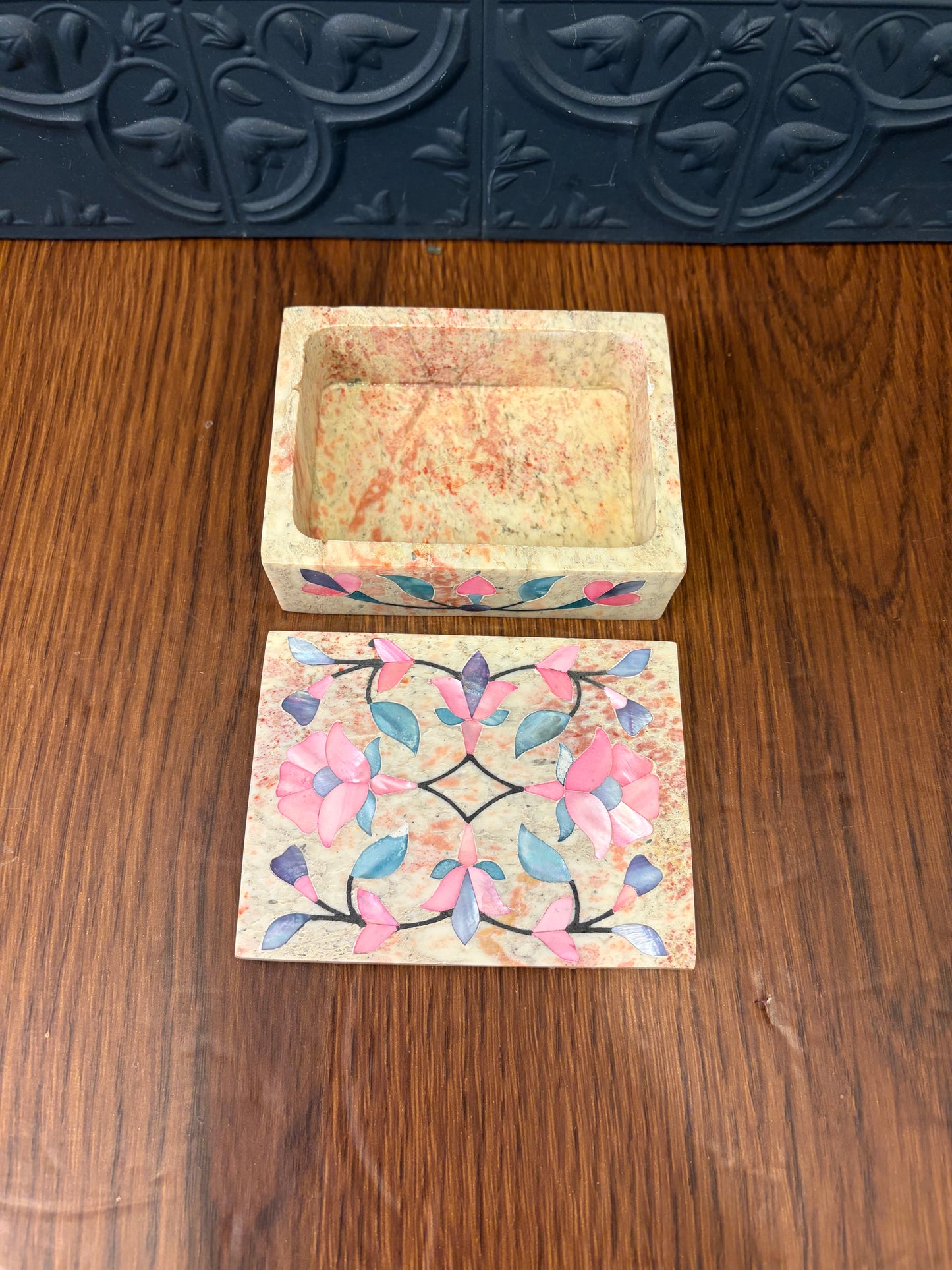 Marble Trinket box with Pink and Blue Inlay