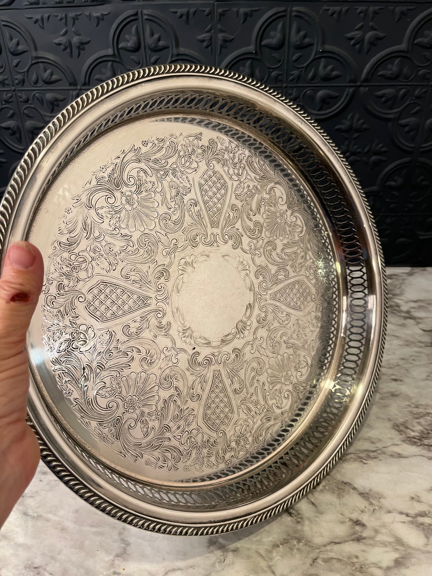 Round Etched Serving Tray with Cutout Rim and feet
