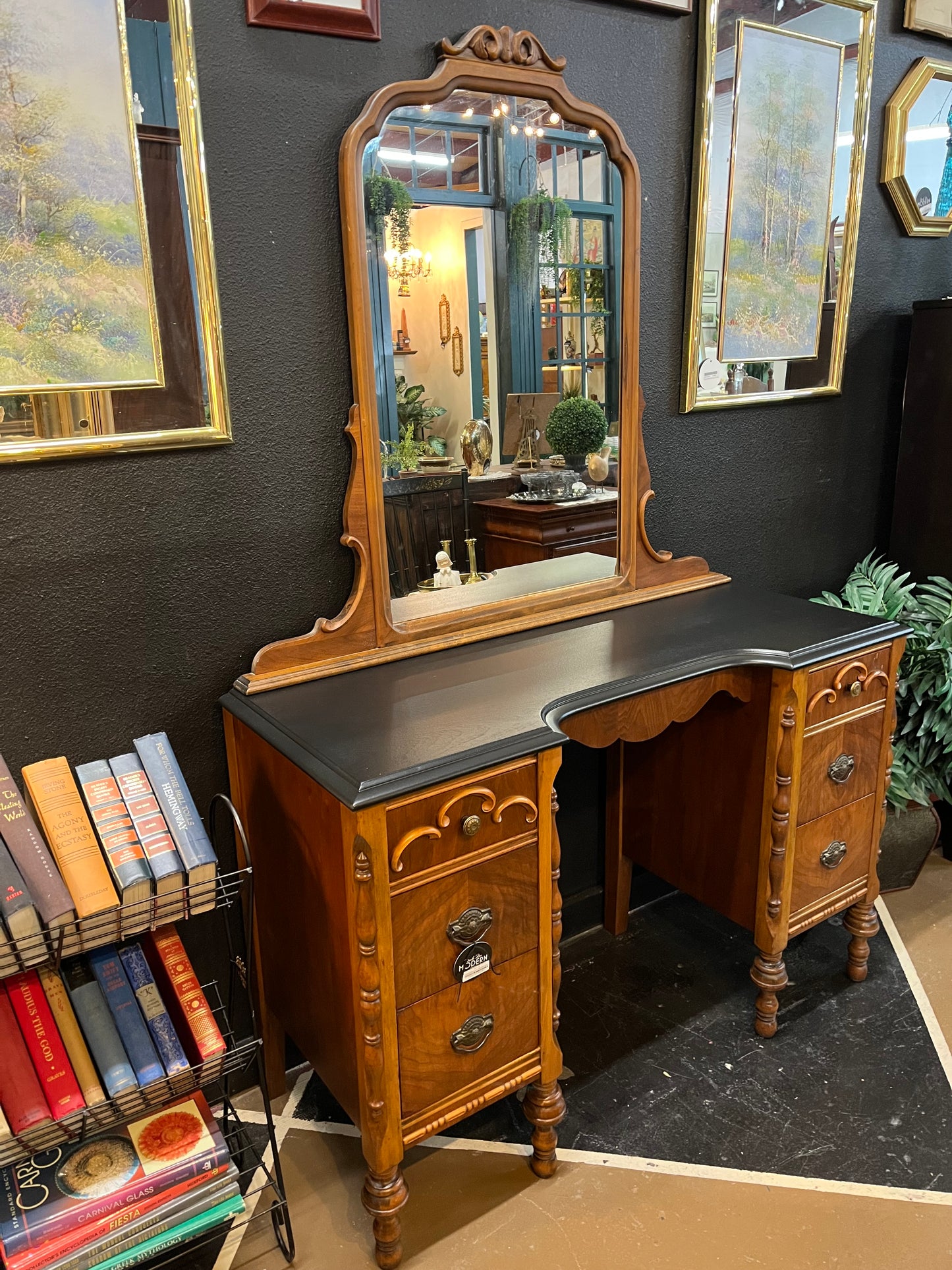 Antique Vanity with Black Top and Mirror