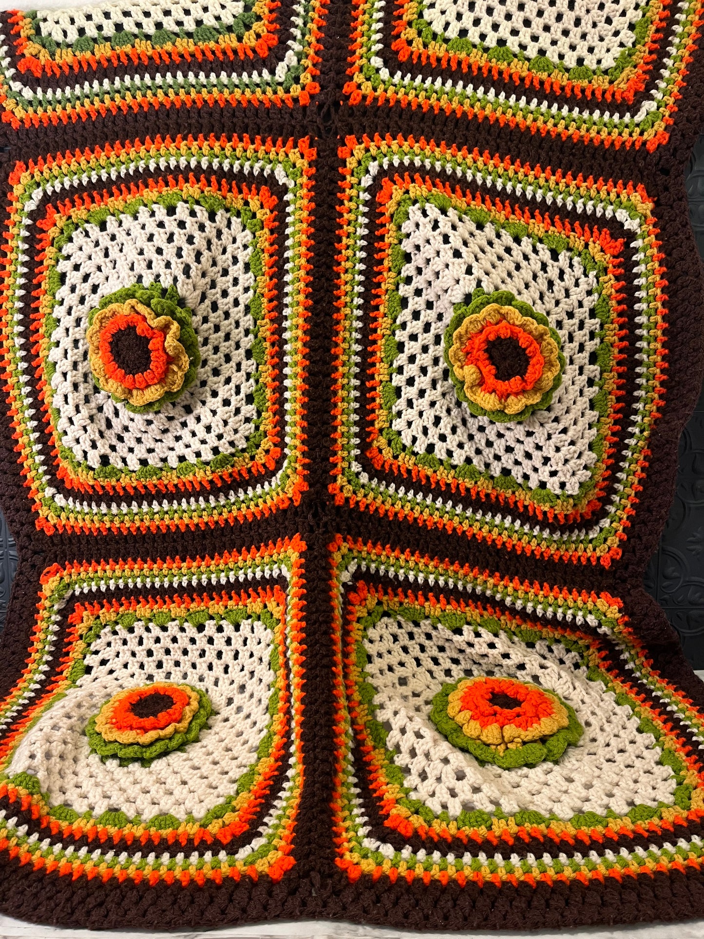 Orange Green Brown Afghan with Flowers